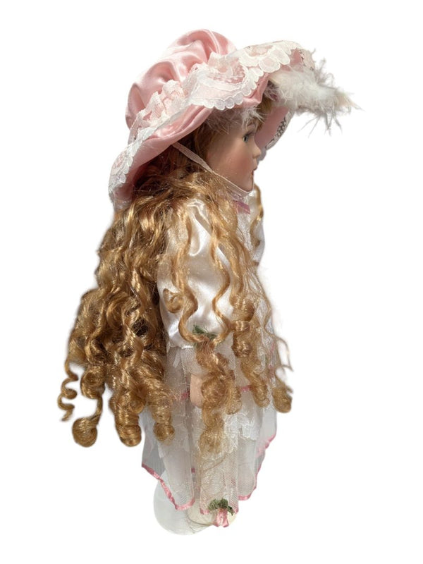 Victorian Style Porcelain Doll - White & Pink Lace Gown