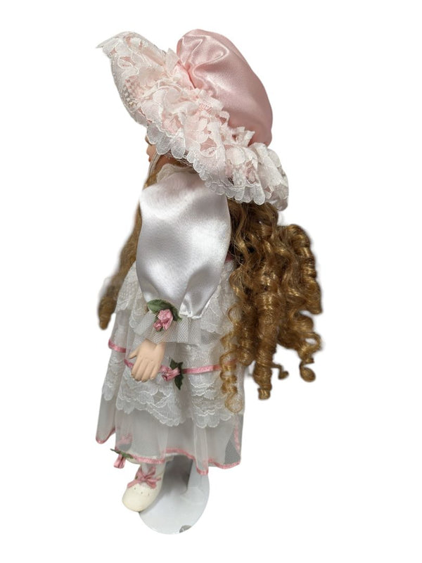 Victorian Style Porcelain Doll - White & Pink Lace Gown