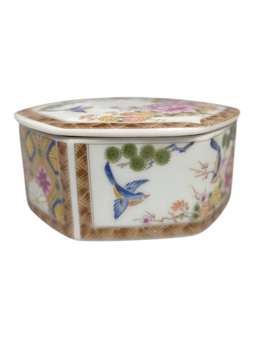 Japanese Hand-Painted Porcelain Trinket Box with Lid