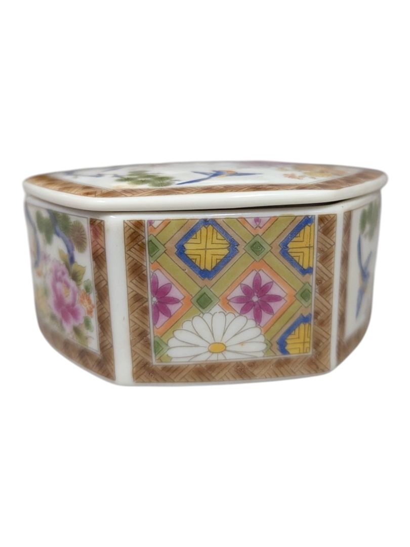 Japanese Hand-Painted Porcelain Trinket Box with Lid