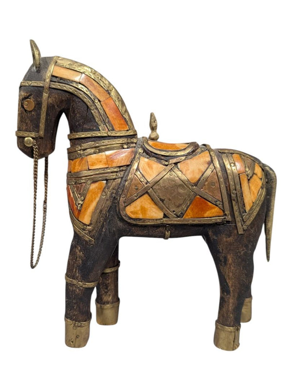 Carved Wooden Horse Figurine with Brass & Bone Inlay Decor