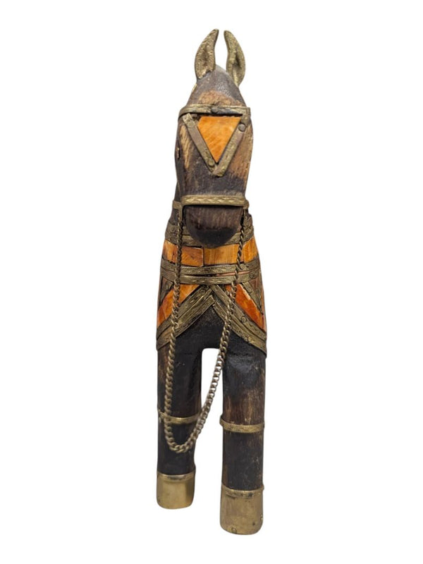 Carved Wooden Horse Figurine with Brass & Bone Inlay Decor