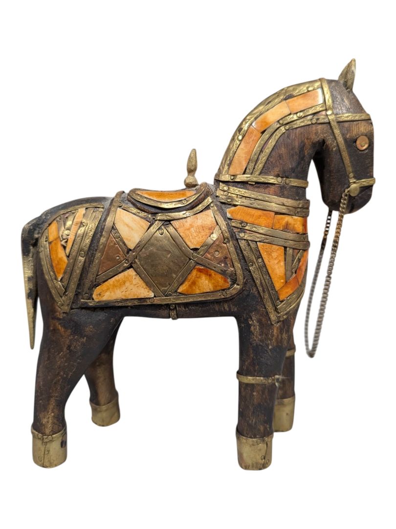 Carved Wooden Horse Figurine with Brass & Bone Inlay Decor