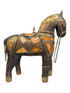 Carved Wooden Horse Figurine with Brass & Bone Inlay Decor