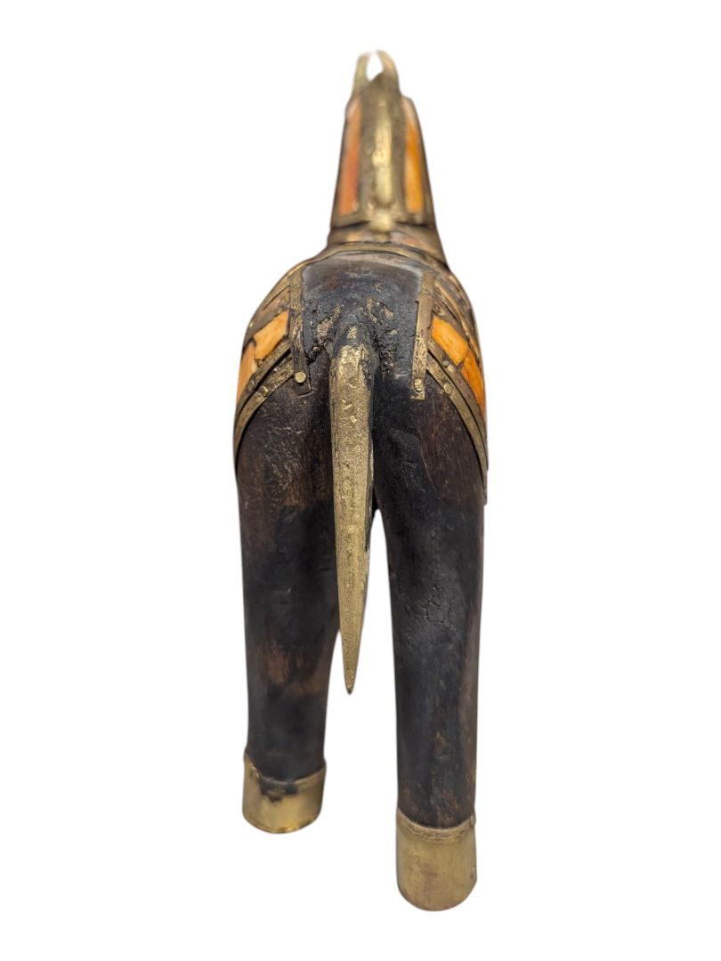 Carved Wooden Horse Figurine with Brass & Bone Inlay Decor