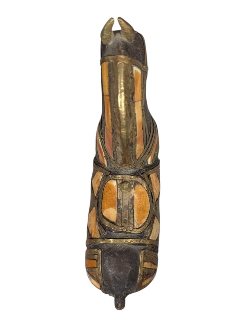 Carved Wooden Horse Figurine with Brass & Bone Inlay Decor