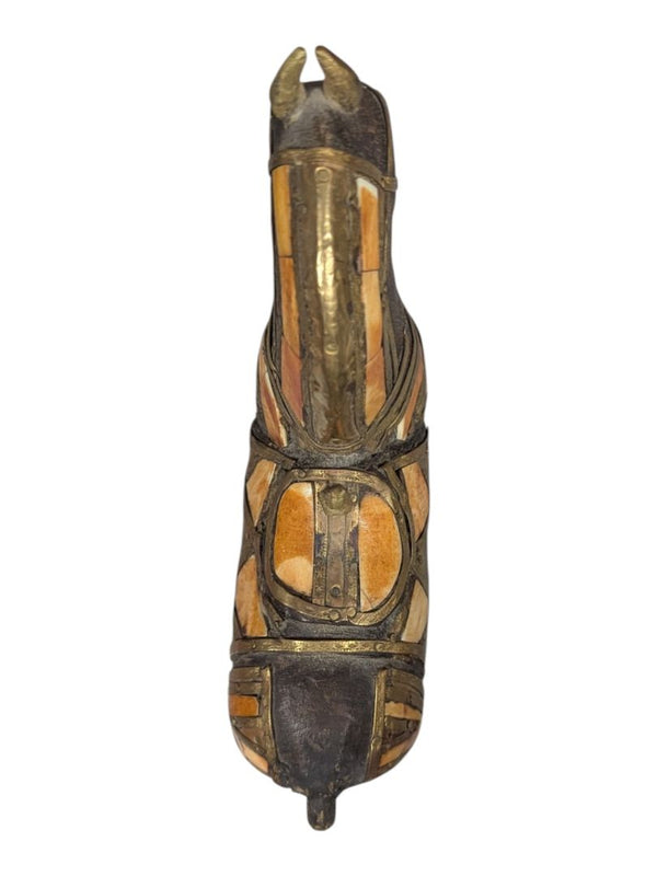 Carved Wooden Horse Figurine with Brass & Bone Inlay Decor