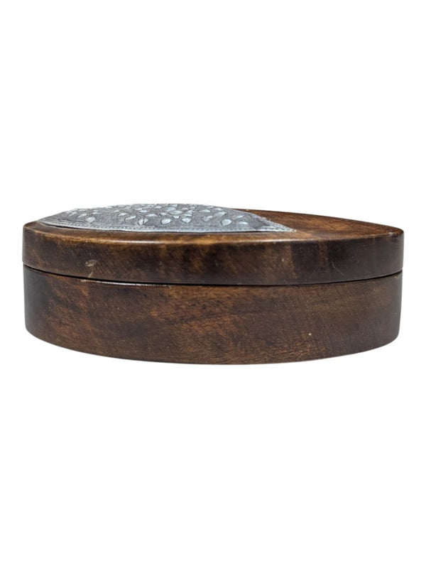 Hand-Carved Wooden Trinket Box with Floral Metal Inlay