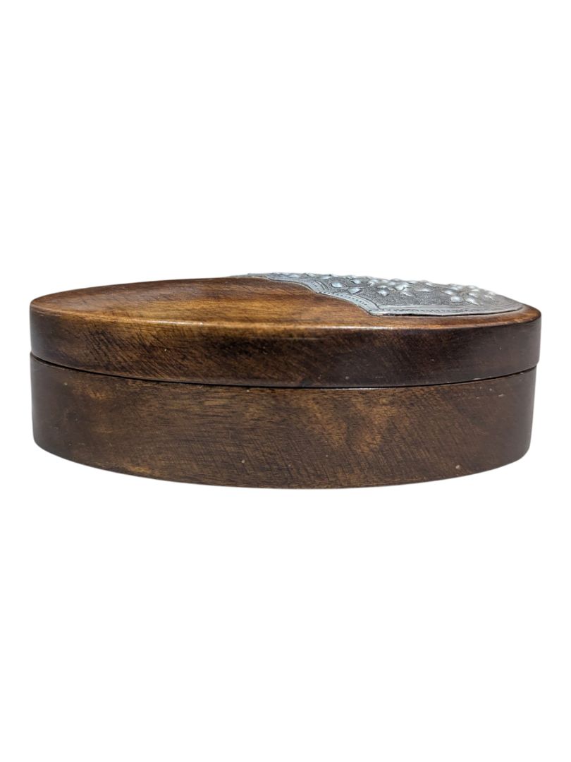 Hand-Carved Wooden Trinket Box with Floral Metal Inlay