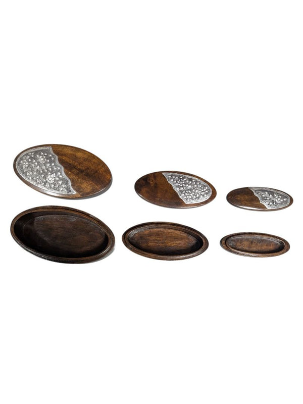 Hand-Carved Wooden Trinket Box with Floral Metal Inlay