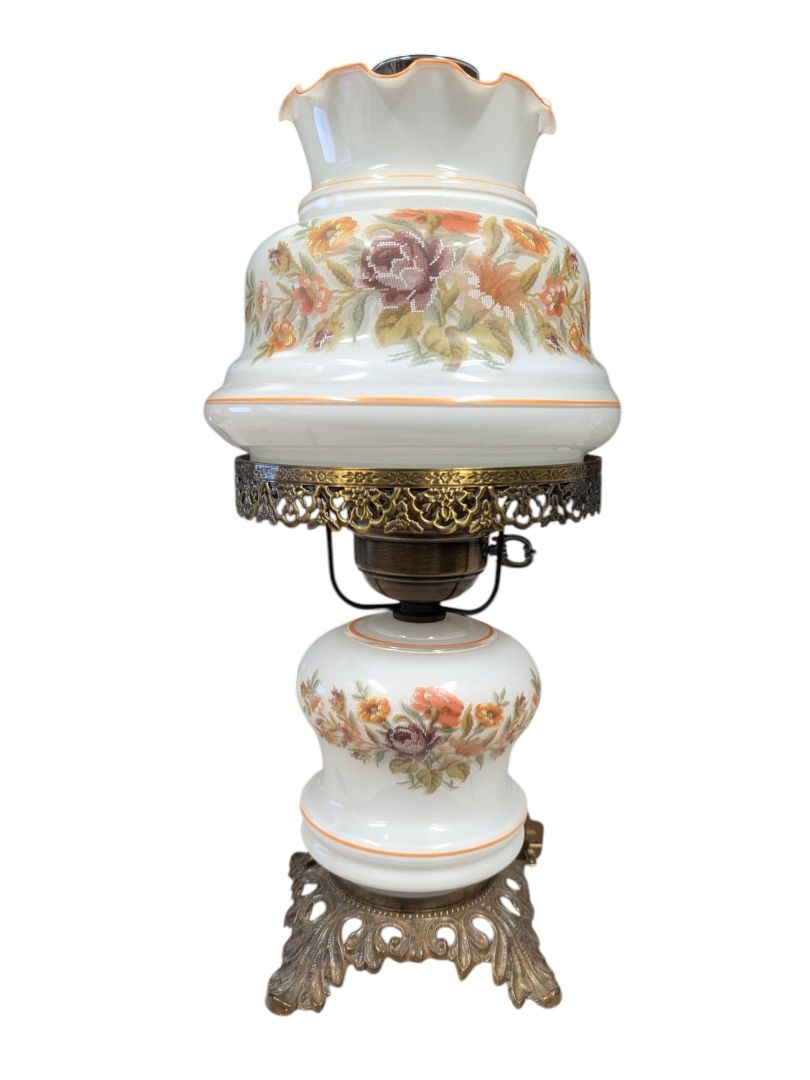 Vintage Milk Glass Hurricane Table Lamp with Floral and Brass Motif