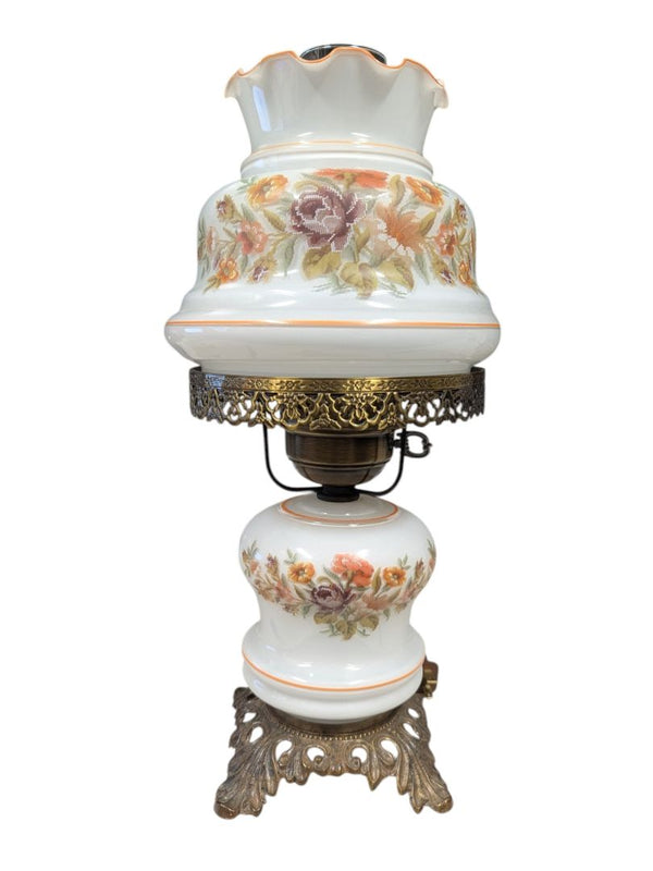 Vintage Milk Glass Hurricane Table Lamp with Floral and Brass Motif