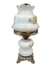 Vintage Milk Glass Hurricane Table Lamp with Floral and Brass Motif
