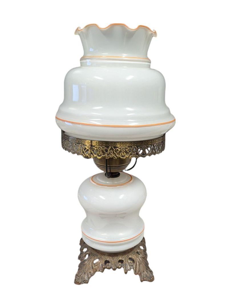 Vintage Milk Glass Hurricane Table Lamp with Floral and Brass Motif