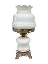 Vintage Milk Glass Hurricane Table Lamp with Floral and Brass Motif