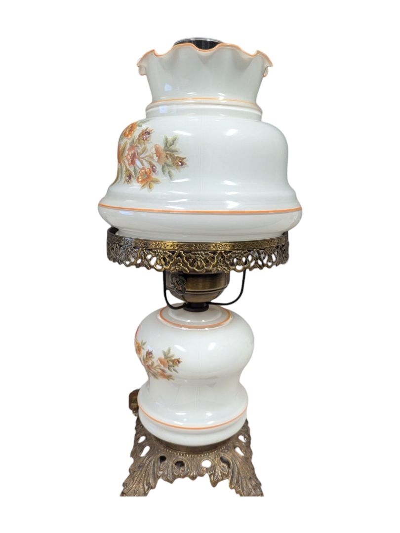 Vintage Milk Glass Hurricane Table Lamp with Floral and Brass Motif