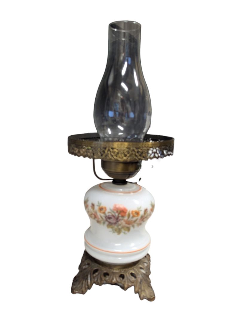 Vintage Milk Glass Hurricane Table Lamp with Floral and Brass Motif