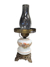 Vintage Milk Glass Hurricane Table Lamp with Floral and Brass Motif
