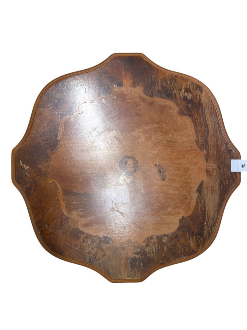 Walnut Veneer Pedestal Side Table with Scalloped Top