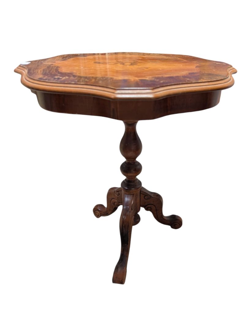 Walnut Veneer Pedestal Side Table with Scalloped Top
