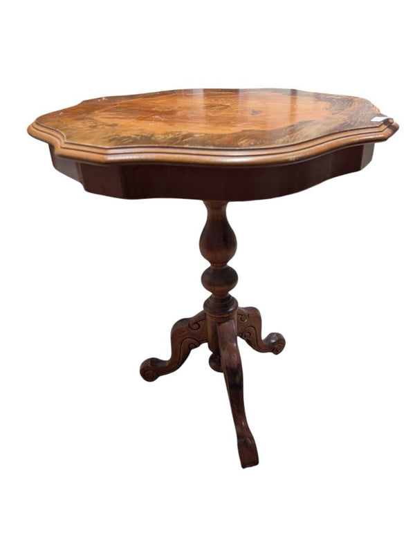 Walnut Veneer Pedestal Side Table with Scalloped Top