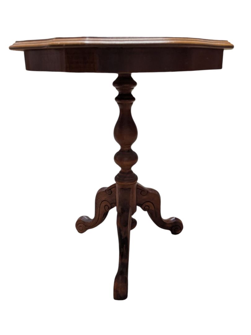 Walnut Veneer Pedestal Side Table with Scalloped Top