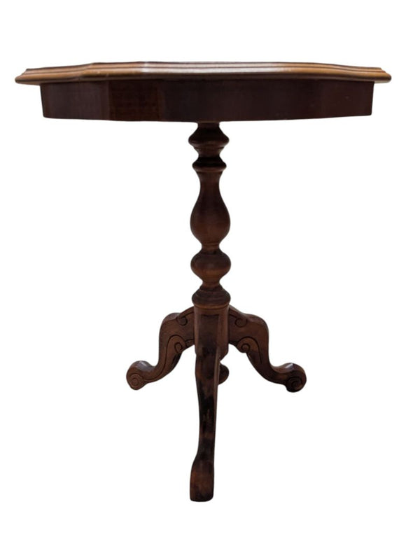 Walnut Veneer Pedestal Side Table with Scalloped Top
