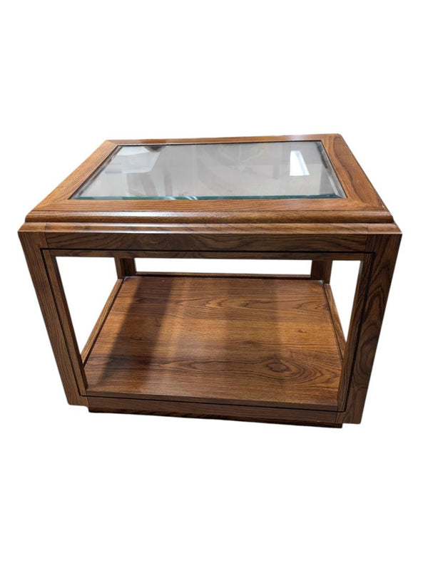 Oak Glass Top Display End Table with Lower Shelf