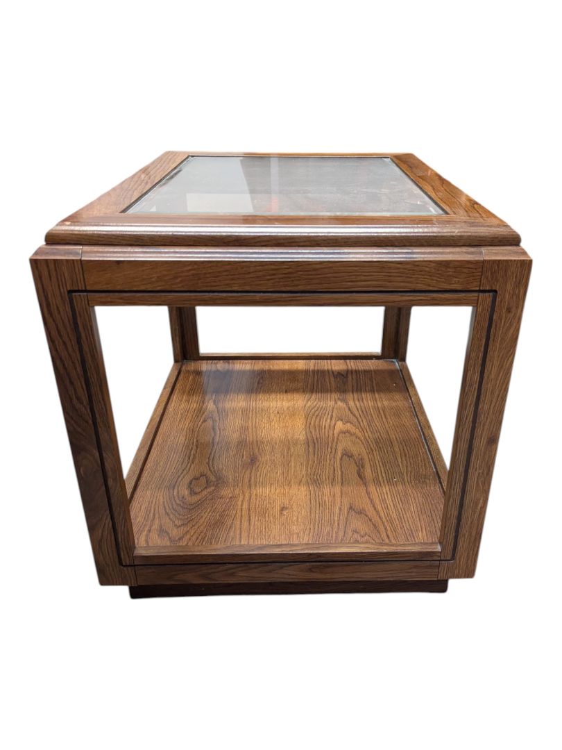 Oak Glass Top Display End Table with Lower Shelf