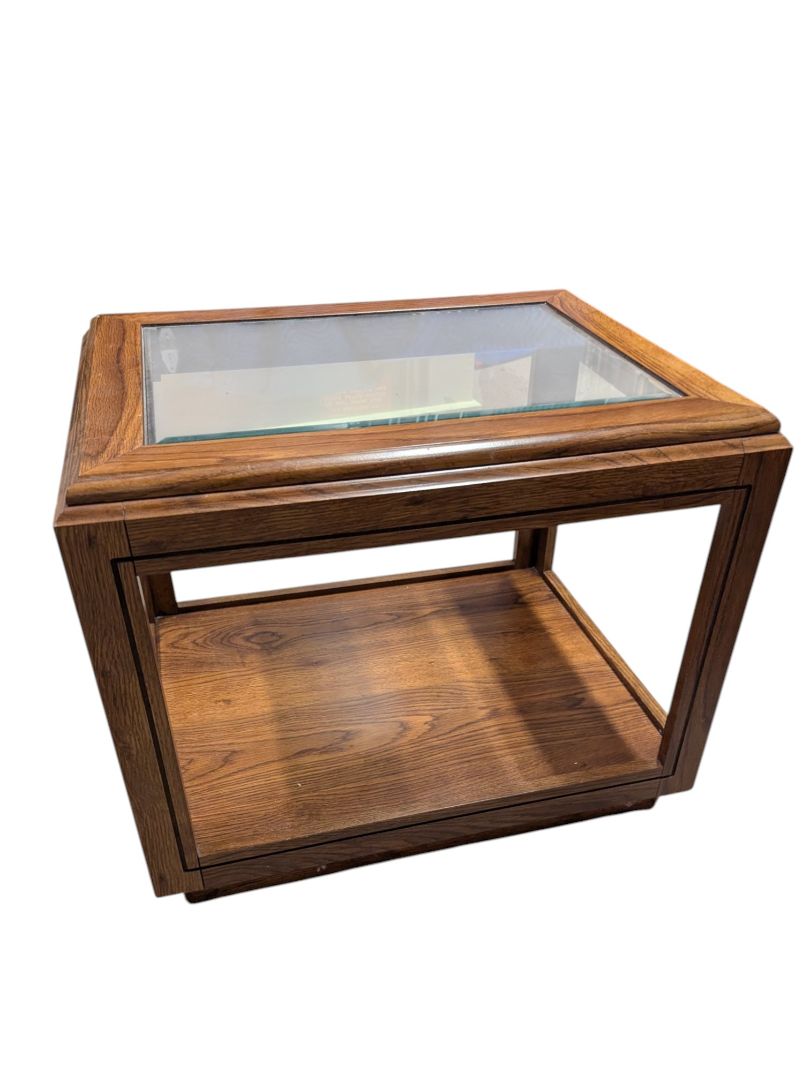 Oak Glass Top Display End Table with Lower Shelf