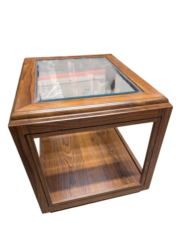 Oak Glass Top Display End Table with Lower Shelf
