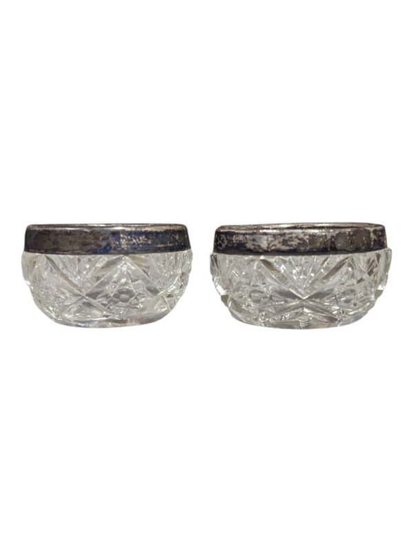 Pair of Cut Crystal Open Salts with Silver-Plated Rims