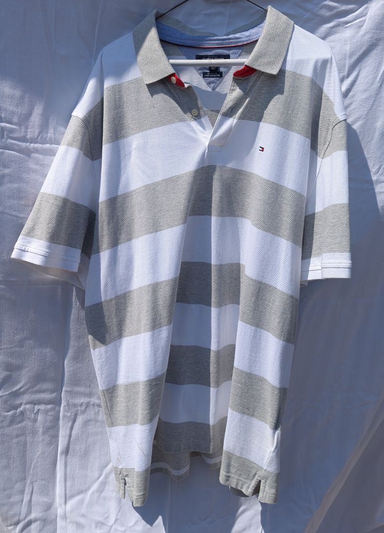Tommy Hilfiger Custom Fit Striped Polo Shirt White/Grey XXXL