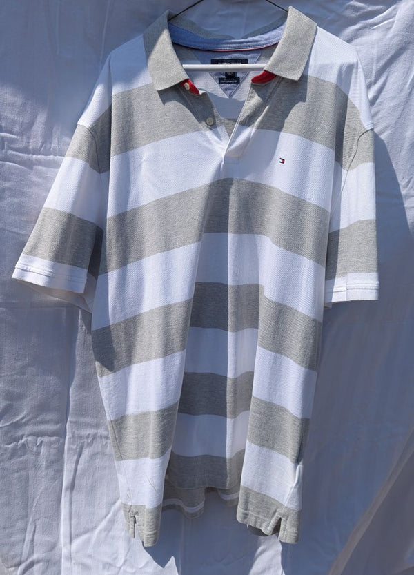 Tommy Hilfiger Custom Fit Striped Polo Shirt White/Grey XXXL