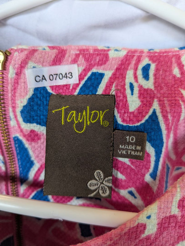 Taylor Pink & Blue Floral Textured Fit and Flare Dress – Size 10