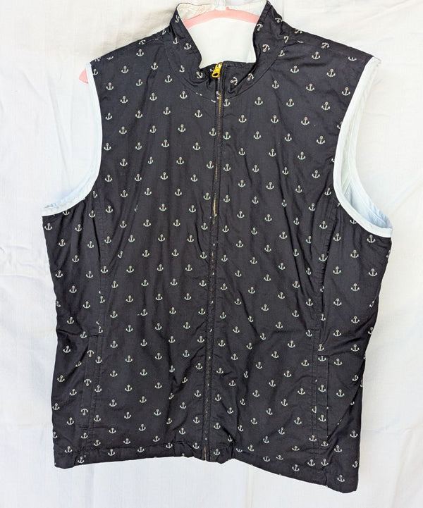 Spanner Reversible White Quilted & Navy Anchor Print Zip Vest – Size Large
