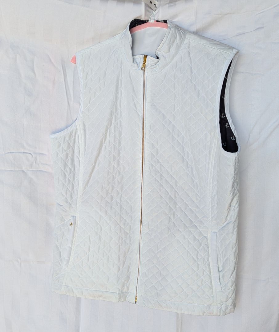 Spanner Reversible White Quilted & Navy Anchor Print Zip Vest – Size Large