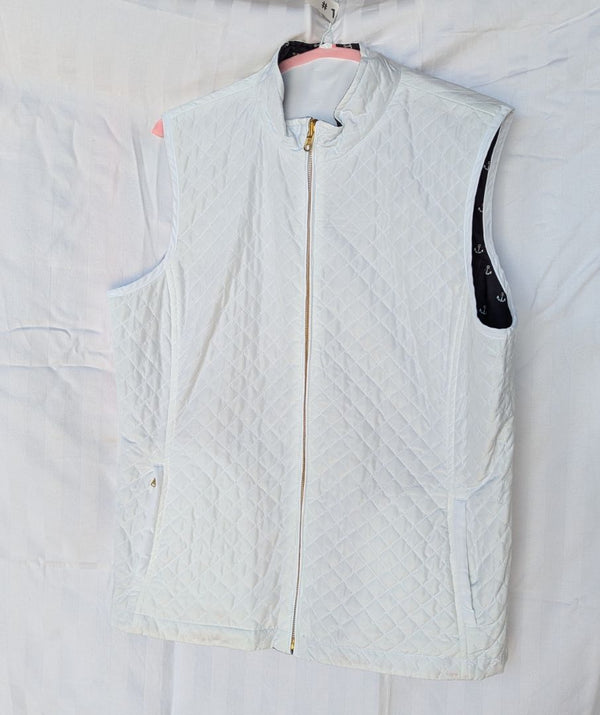 Spanner Reversible White Quilted & Navy Anchor Print Zip Vest – Size Large