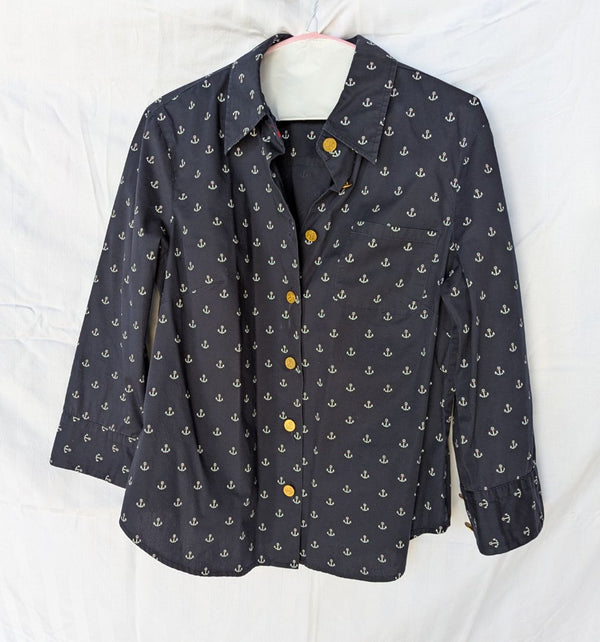 Spanner Navy Anchor Print Button-Up Blouse – Size 8