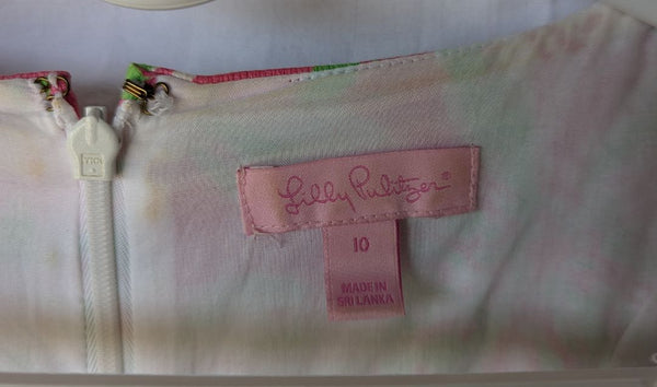 Lilly Pulitzer Pink & Green Floral Sleeveless Shift Dress with White Lace Trim – Size 10