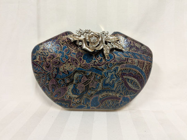 Vintage Ornate Floral Embossed Clutch with Rhinestone Rose Clasp