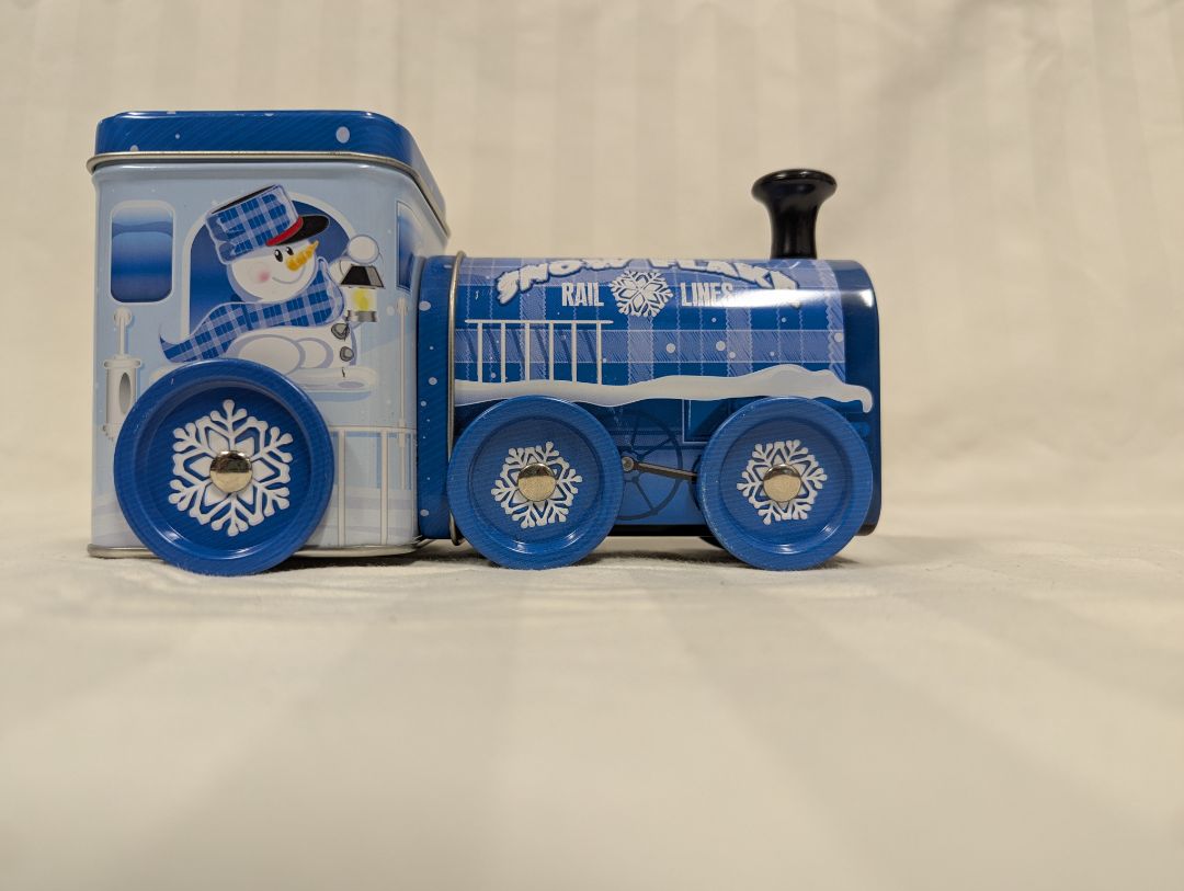 Snowflake Rail Lines Train Tin Container – Winter Snowman Design