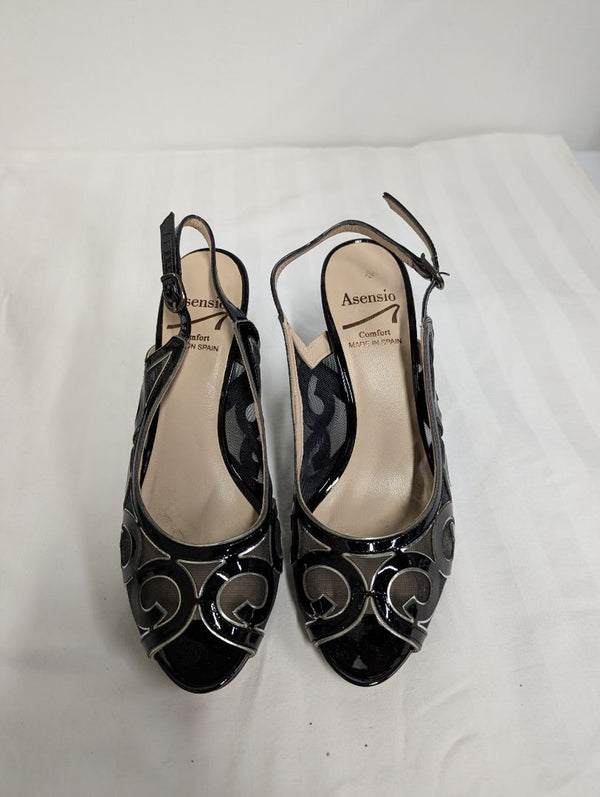 Asensio Comfort Black Patent Mesh Slingback Heels – Size 37