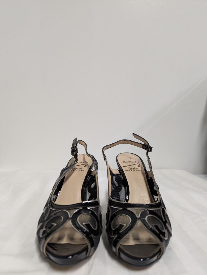 Asensio Comfort Black Patent Mesh Slingback Heels – Size 37