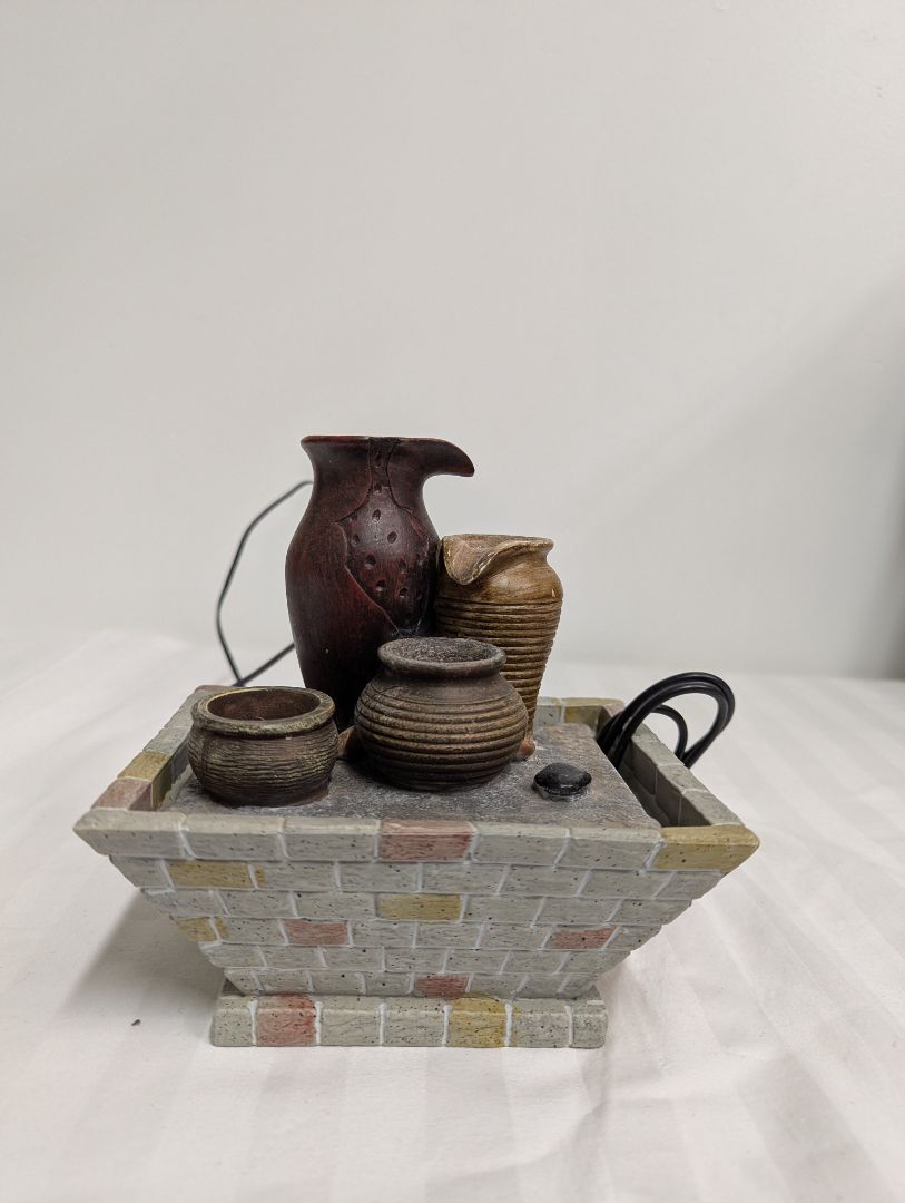 Small Tabletop Water Fountain with Decorative Pottery-Style Vessels