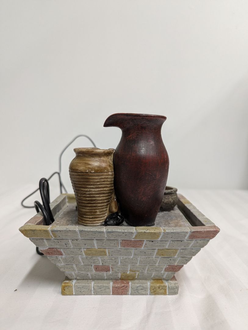 Small Tabletop Water Fountain with Decorative Pottery-Style Vessels