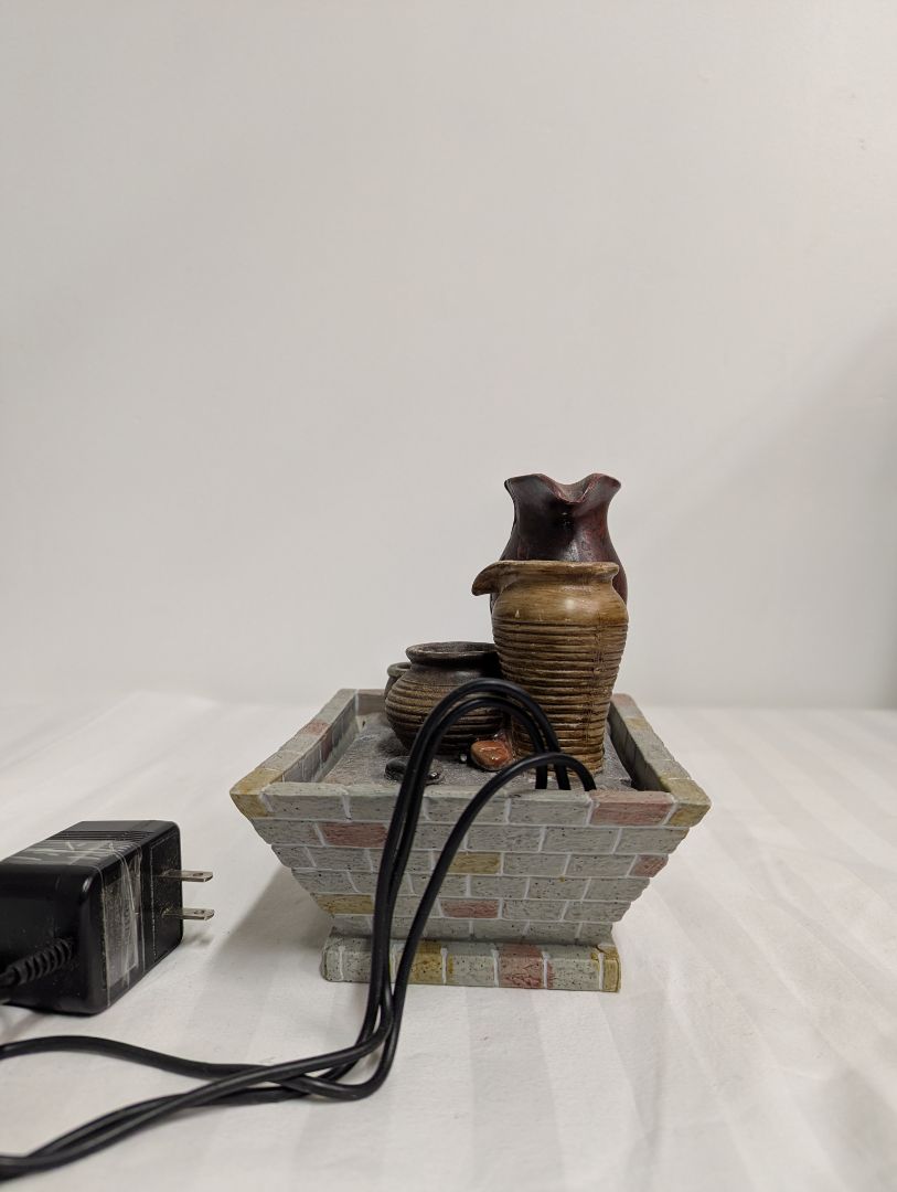 Small Tabletop Water Fountain with Decorative Pottery-Style Vessels