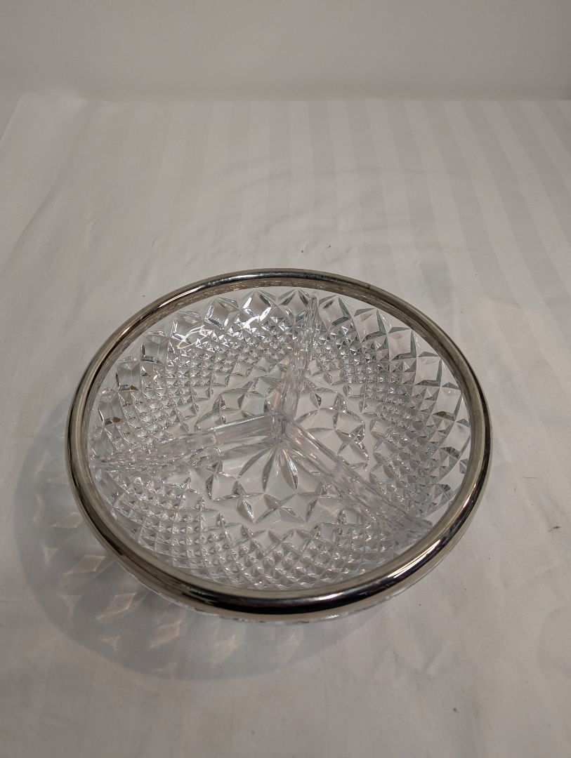 Vintage Cut Glass Divided Serving Dish with Silver-Tone Rim