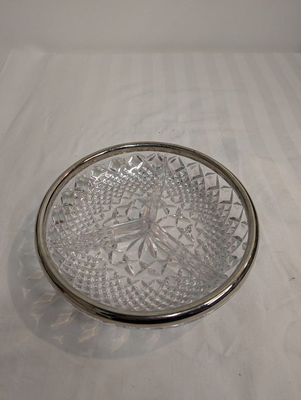 Vintage Cut Glass Divided Serving Dish with Silver-Tone Rim