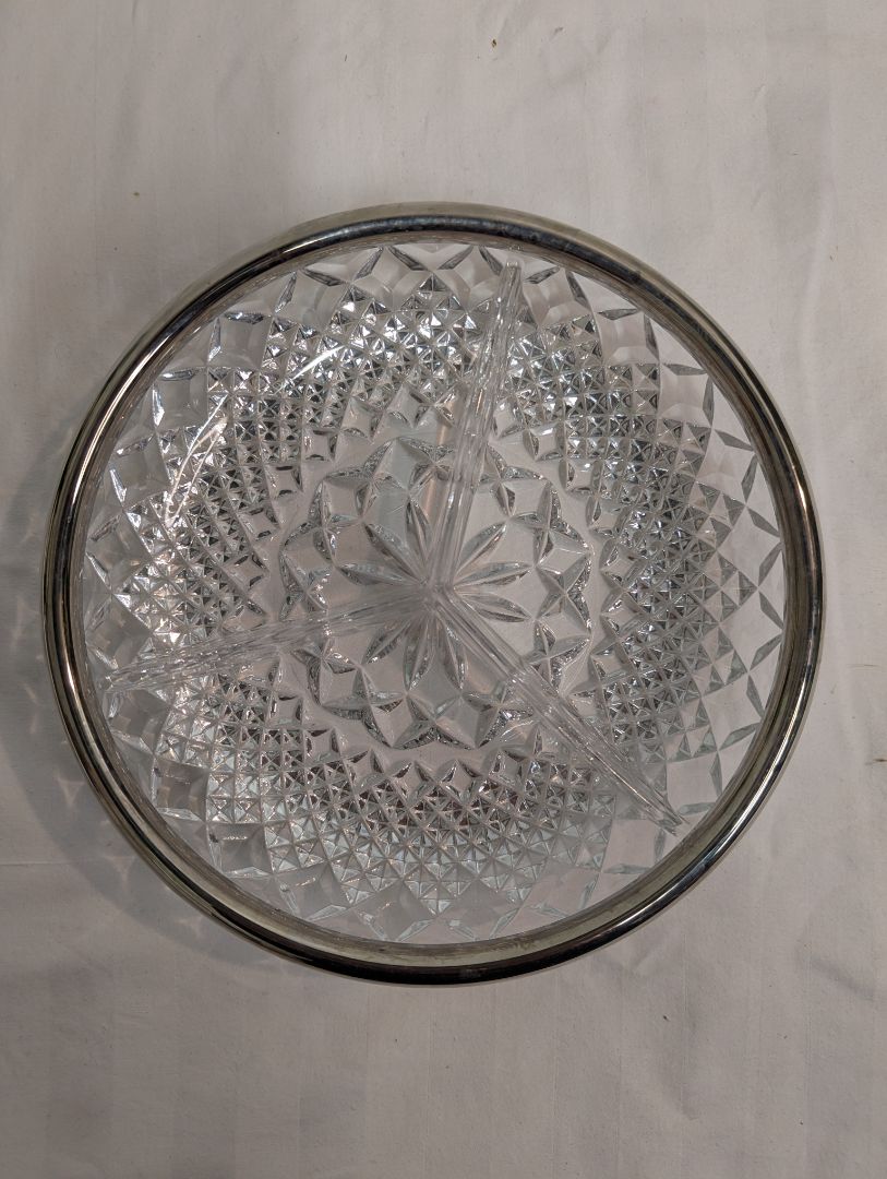 Vintage Cut Glass Divided Serving Dish with Silver-Tone Rim